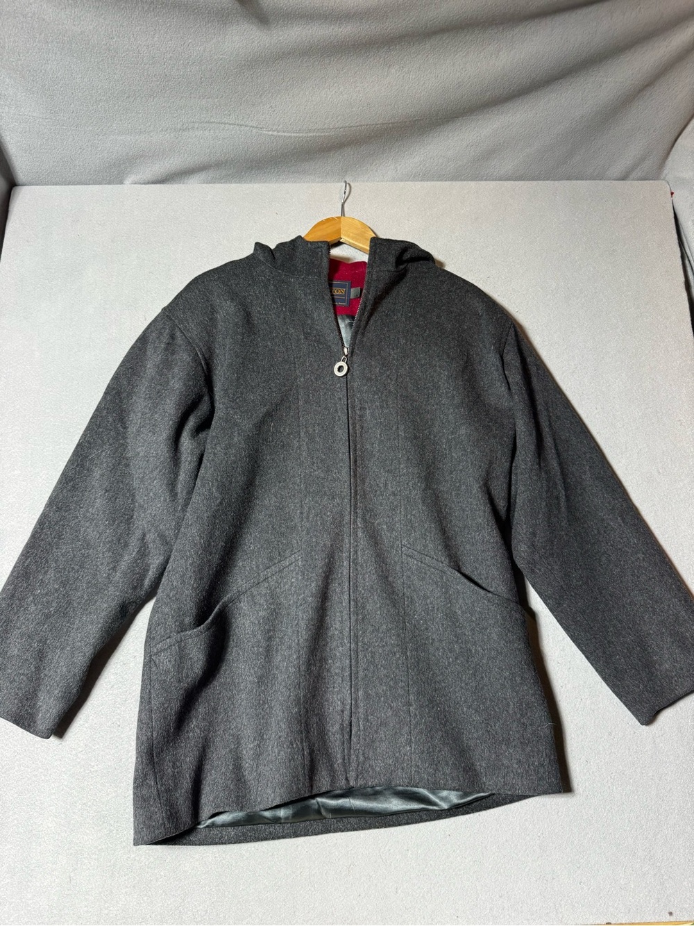 Vintage Pendleton Wool Hooded Dark Gray Hooded Coat Jacket Red Lining Size 8